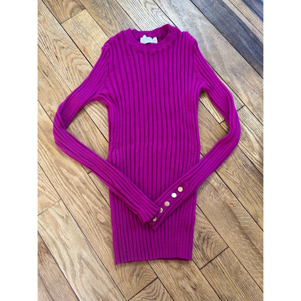 Cyrus Ribbed Knit Top Fuchsia‎ Pink Gold Button Detail Long Sleeve Fitted XS